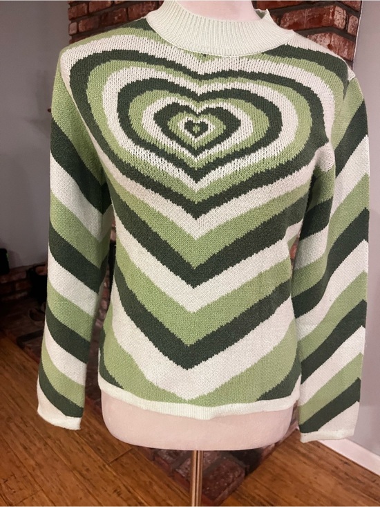 Sweaters - Cider Stretches to 22 ptp Striped Heart-Pattern Crewneck Sweater - Green/Cream
